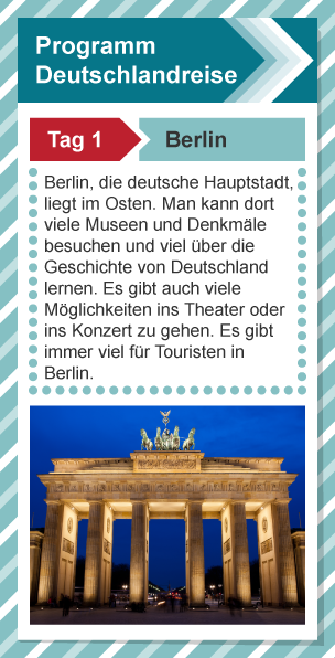 A leaflet showing a schedule for a trip around Germany, with information about Day 1 of the trip to Berlin