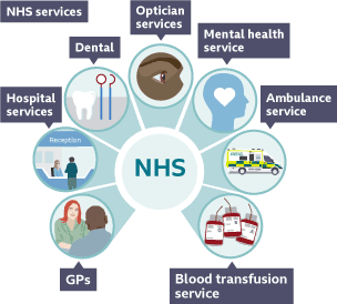 NHS in the middle, surrounded by icons for GPs, hospital, dental, optician, mental health, ambulance and blood transfusion service.