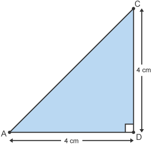 A right-angled triangle with points ACD. Both D to C and A to D measure 4 cm. C to A is blank.