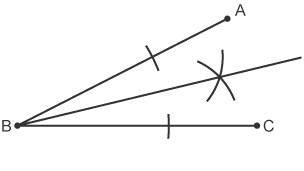 Two lines forming and angle from point B and ending at point A and C with an arc crossing both lines and two arcs from intersection between the points and a line half way between the angled lines