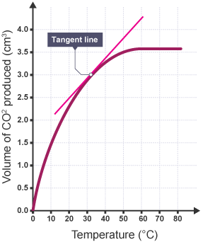 A tangent line placed on a graph showing the relationship of carbon dioxide produced and temperature