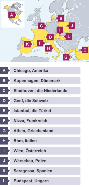 A map of western Europe and a box showing a smaller map of north America with 12 cities across both continents labelled A to L