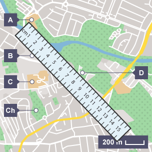 Map o Gaerdydd â phwyntiau wedi'u labelu o A i D â phren mesur yn mesur 8 cm rhwng pwynt A ac E ar raddfa 2 cm = 200 m