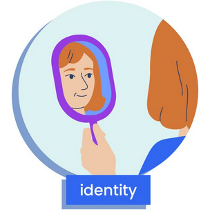 A woman looking into a mirror, depicting identity