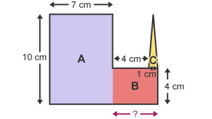 A composite shape. The shape has been divided into two rectangles, labelled ‘A’ and ‘B’, and a triangle, labelled ‘C’. The height of rectangle B is 4 cm, the width is unknown