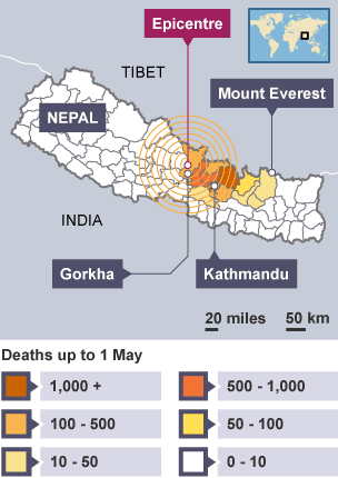 Map of Nepal, showing the epicentre of an earthquake that struck on 25 April 2015 in relation to Kathmandu and Mount Everest.