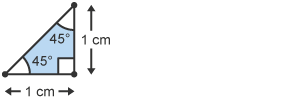 A right-angled isosceles triangle with two sides of length 1 cm and two angles of 45 degrees. Pythagoras theorem can be used to calculate the missing length.